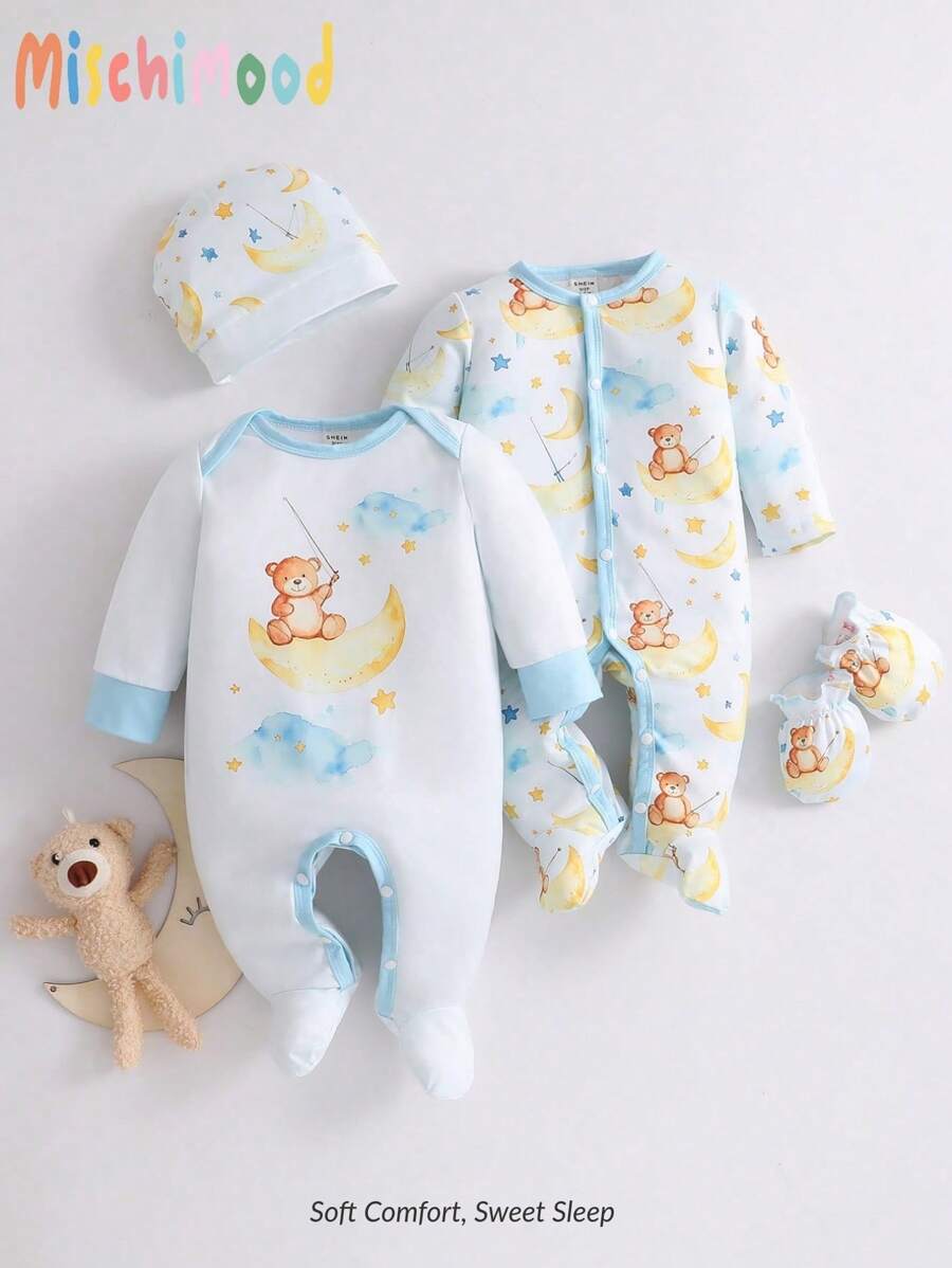 4pcs Baby Boy Pajamas Set With Moon & Bear Pattern - Footie, Hat, Gloves - Baby Blue - View 1