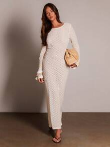 Athîral 女式透明钩针珍珠串珠长袖超长连衣裙，适合春夏度假场合 - 杏色 - 查看 5