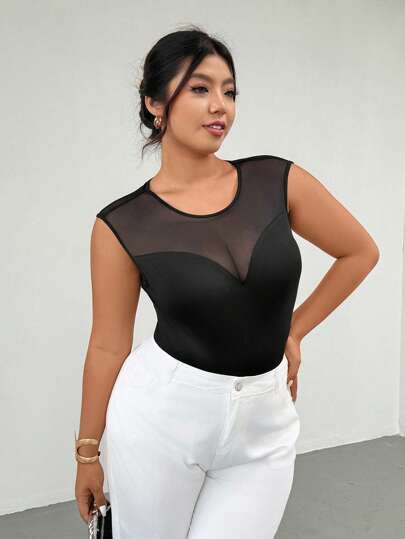 Firerie Plus Size Women Summer Solid Color Splice Mesh Round Neck Playsuit