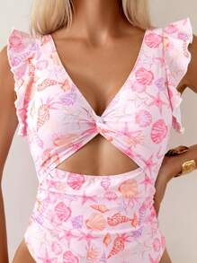 Swim Mod 2025 女式贝壳印花扭纹前开式荷叶边下摆连体泳衣，夏季