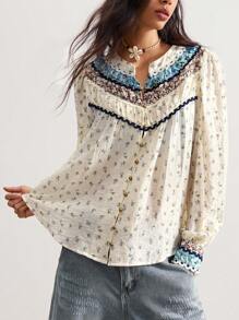 Bohemela Boho Country Vacation Casual Woven Print Long Sleeve Loose Women Blouse