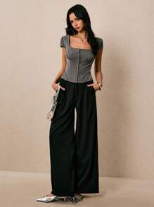 Poéselle 女士方领上衣灰色条纹上衣短袖短款上衣女士夏季休闲条纹修身上衣乡村音乐会音乐会女士生日街头服饰节日 - 深灰色 - 查看 5