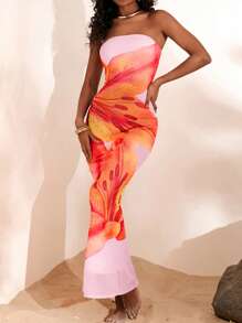 Opulessa Summer Beach Vacation Outfits Knitted Mesh Print Slim Fit Dress For Women,Birthday Dresses For Women,Club Outfits Women Sexy - Pink - View 2