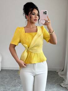 Elenzga Blusa veraniega elegante y exquisita con cintura ajustable de jacquard para mujeres - Amarillo - Ver 6