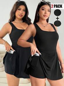 SHEIN EZwear 2 件装加大码女式夏季休闲纯色方领抽绳腰连体裤 - 黑色 - 查看 2