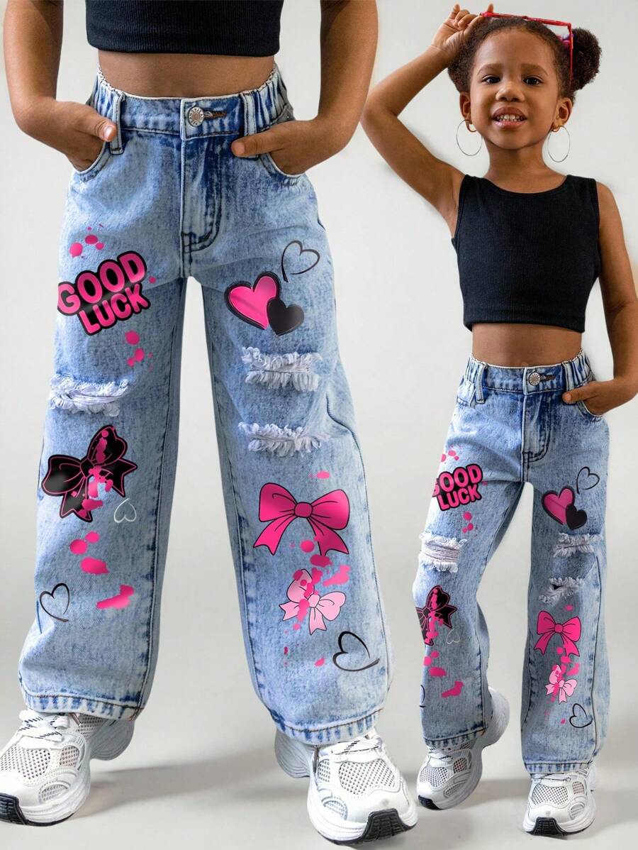 Young Girls Loose Fit Distressed Blue Denim Pants,Heart & Bow Print Summer Back-To-School Cute Graphic Distressed Jeans,Y2K Vintage Washed Ripped - Light Wash - View 1