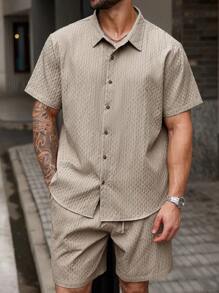 Manfinity CasualCool Plus Size Men Summer Casual Solid Color Short Sleeve Shirt & Shorts Set - Apricot - View 4