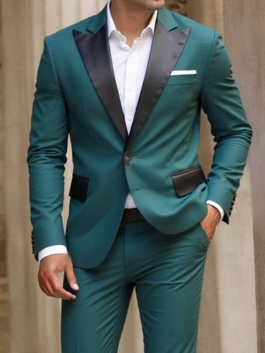 Manfinity Mode 大码男士两件套西装套装，撞色翻领长袖西装外套和裤子 - 綠色 - 查看 1