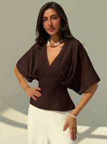 Aloruh 优雅纯色套头短袖简约宽松夏季衬衫，后背蝴蝶结领带，适合办公室和通勤 - 咖啡棕 - 查看 8