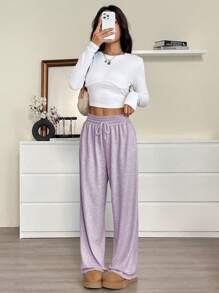 SHEIN EZwear Women's Purple Wide-Leg Loose Drawstring Casual Sweatpants Graduation,Back To School Outfits,Graduation,Teacher Outfits For Women,Back To School,Fall - Purple - View 4