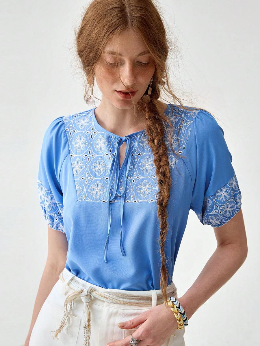 Florisole Boho Patchwork Women's Vacation Shirt - Blue - View 1