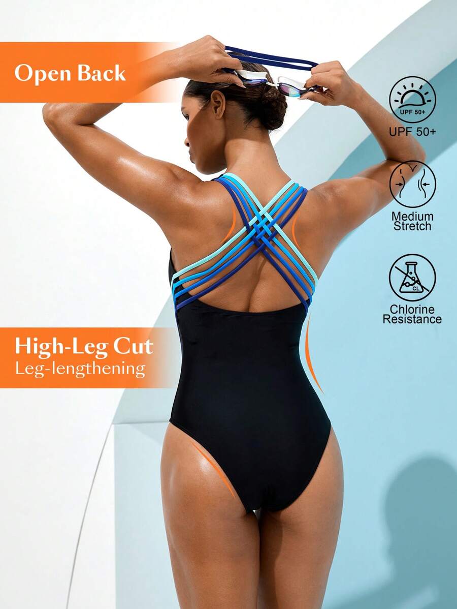 Swim Nautrix Đồ bơi một mảnh cổ tròn không tay hở lưng màu trơn thiết kế chéo thanh lịch, mùa hè - màu đen - Xem 1