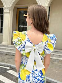 Sparklyn Tween Girl' Backless Bowknot Printed Loose Wide Leg Jumpsuit, Vacation Style - Multicolor - View 3