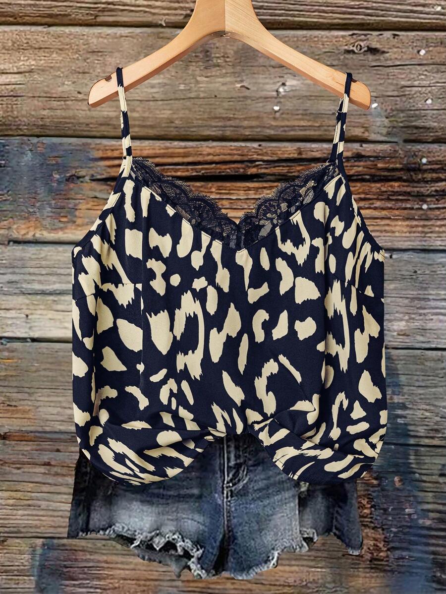 SHEIN VCAY Plus Size Fashion Leopard Print Lace Trim Camisole, Summer - Navy Blue - View 1