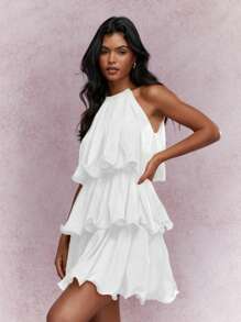 MISSGUIDED PLUS Tiered Ruffle Halter Neck Mini Party Dress Special Occasion Summer Wedding Guest Chiffon Layered Evening Sleeveless - White - View 1