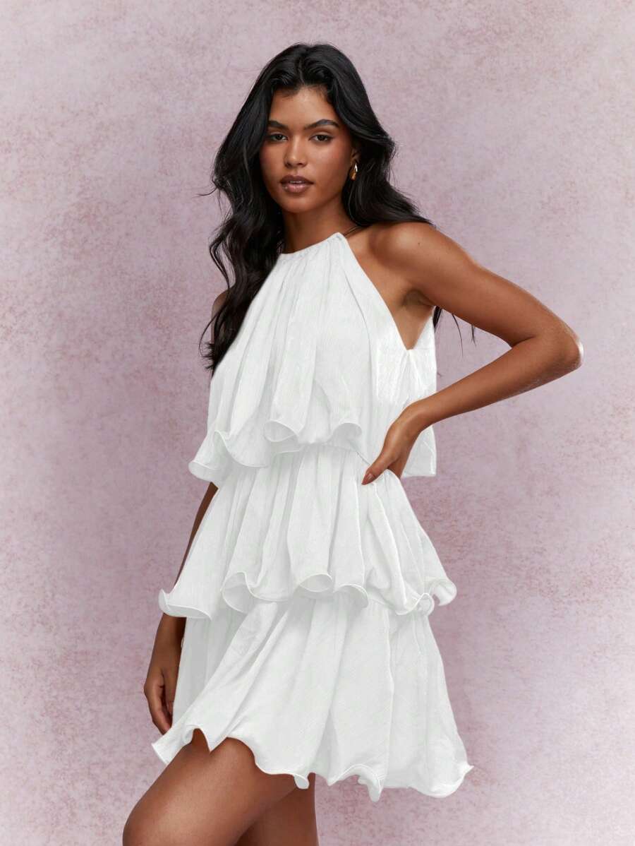 MISSGUIDED PLUS Tiered Ruffle Halter Neck Mini Party Dress Special Occasion Summer Wedding Guest Chiffon Layered Evening Sleeveless - White - View 1