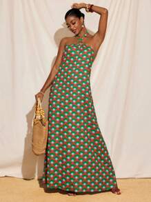 JIAN LASALA 波西米亚风印花无袖露背O形环及地太阳裙夏季度假女士休闲连衣裙海滩度假装欧洲夏季外出夏威夷装女士安卡拉裙度假装飘逸连衣裙复古返校节礼服秋装节日装秋季女装婚礼宾客礼服女士 - 彩色 - 查看 3