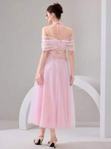 Poshira 女士优雅网眼拼布露背舞会礼服 - 粉色 - 查看 2