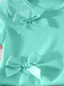 2pcs Baby Girls Casual Fashion Daily Crew Neck Raglan Short Sleeve Bow Decor Top And Elastic Waist Shorts Set Girls Clothes Set Teen Girl Shirts Rainbow Summer Sets Pride Short Sets For Baby Girl Baby Girl Summer Clothes Sets Sets For Baby Girls - Green - View 7