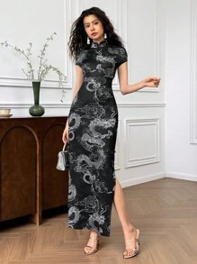 EastFlair Women's Retro Chinese Dragon Print Short Sleeve Slim Fit Elegant Long Dress Dragon Print Dress Qipao Dress Cheongsam Dress Chinese Style Dress Long Elegant Dress - Black - View 3