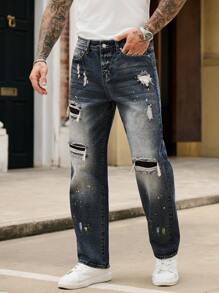 Manfinity Roughcore Men's Distressed Ripped Denim Jeans Casual Modern Style With Paint Splatter Detail And Zipper Fly - Blue - View 1