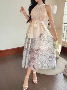 DAZY 印花系带宽松度假摆连衣裙