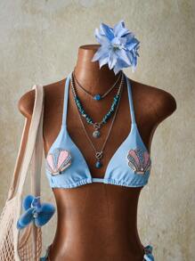 SHEIN ICON Ensemble de maillot de bain bikini deux pièces sexy avec décoration de coquillage et lien licou pour femmes, tenue pour le 4 juillet - Bleu azur - Voir 3