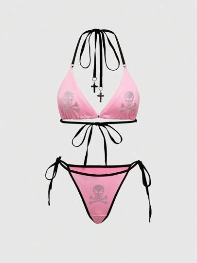 J-Fashion Y2K Shibuya Rhinestone Skull & Cross Print Wireless Bra Set