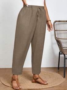 SHEIN PETITE CURVE 加大码纯色休闲长裤，松紧腰带，斜口袋