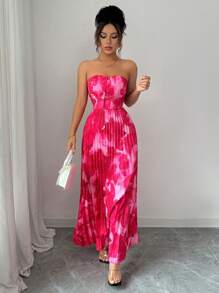 Rafferiza 女士花卉印花褶皱优雅抹胸连衣裙 - 玫紅色 - 查看 7