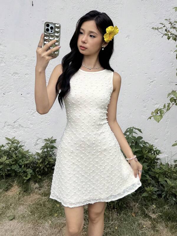 SHEIN Vestido para adolescentes de tela texturizada, cuello redondo, sin mangas, de estilo casual minimalista y cómodo