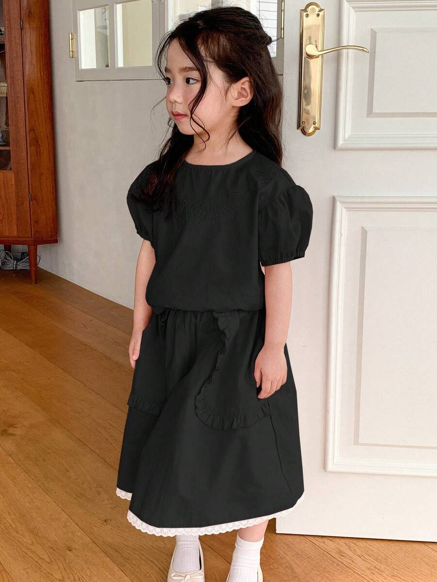 Dazy Kids 年轻女孩纯色圆领泡泡袖落肩上衣和裙子两件套，夏季 - 黑色 - 查看 1