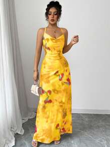 Elenzga 前褶领印花女式长款吊带裙 - 黃色 - 查看 3