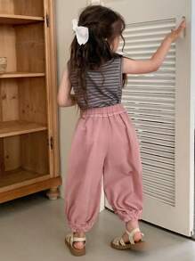 DAZY 2Pcs/Set Young Girls Round Neck Sleeveless Striped T-Shirt + Wide Leg Culottes, Outfit,Girls Summer Outfits - Mauve Purple - View 2