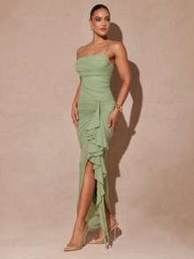 Silquee 夏季优雅浪漫绿色飘逸荷叶边开衩长裙和优雅女士蕾丝紧身派对礼服，适合情人节、约会之夜，鼠尾草绿 - 綠色 - 查看 4