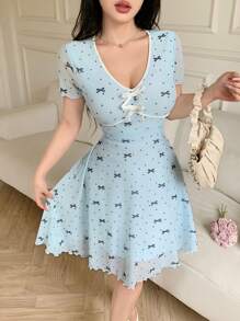 Feyla 女式夏季圆点蝴蝶结印花V领短袖迷你连衣裙 - 藍色 - 查看 4