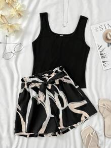 SHEIN Conjunto de chaleco negro + shorts sueltos con diseño asimétrico, estilo de resort de verano para adolescentes chicas