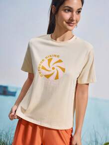 SHEIN In My Nature تي شيرت نسائي كاجوال للخارج بياقة دائرية وأكمام قصيرة مع رسومات حرفية