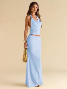 SHEIN BAE Women's Metal Decor Coffee Brown Fish Tail Fitted Knit Set With Halter - Baby Blue - View 4