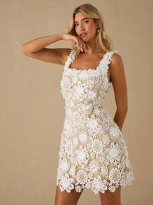 Enchnt Spring/Summer Romantic Women's White Exquisite 3D Flowers Embroidered Lace Sleeveless Cute Mini Dress,Sweet&Elegant For Vacation&Date&Holiday&Party&Graduation&Wedding Guest&Beach,Prom Dress,Summer Dresses For Women,Sun Dresses For Women,Summer Clothes - White - View 3