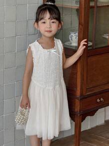 DAZY Vestido de Tule com Laço de Lantejoulas Estilo Coreano para Meninas, Vestido Sem Mangas de Comprimento Médio, Conjunto de Roupas de Verão para Meninas - Branco - Visão 6