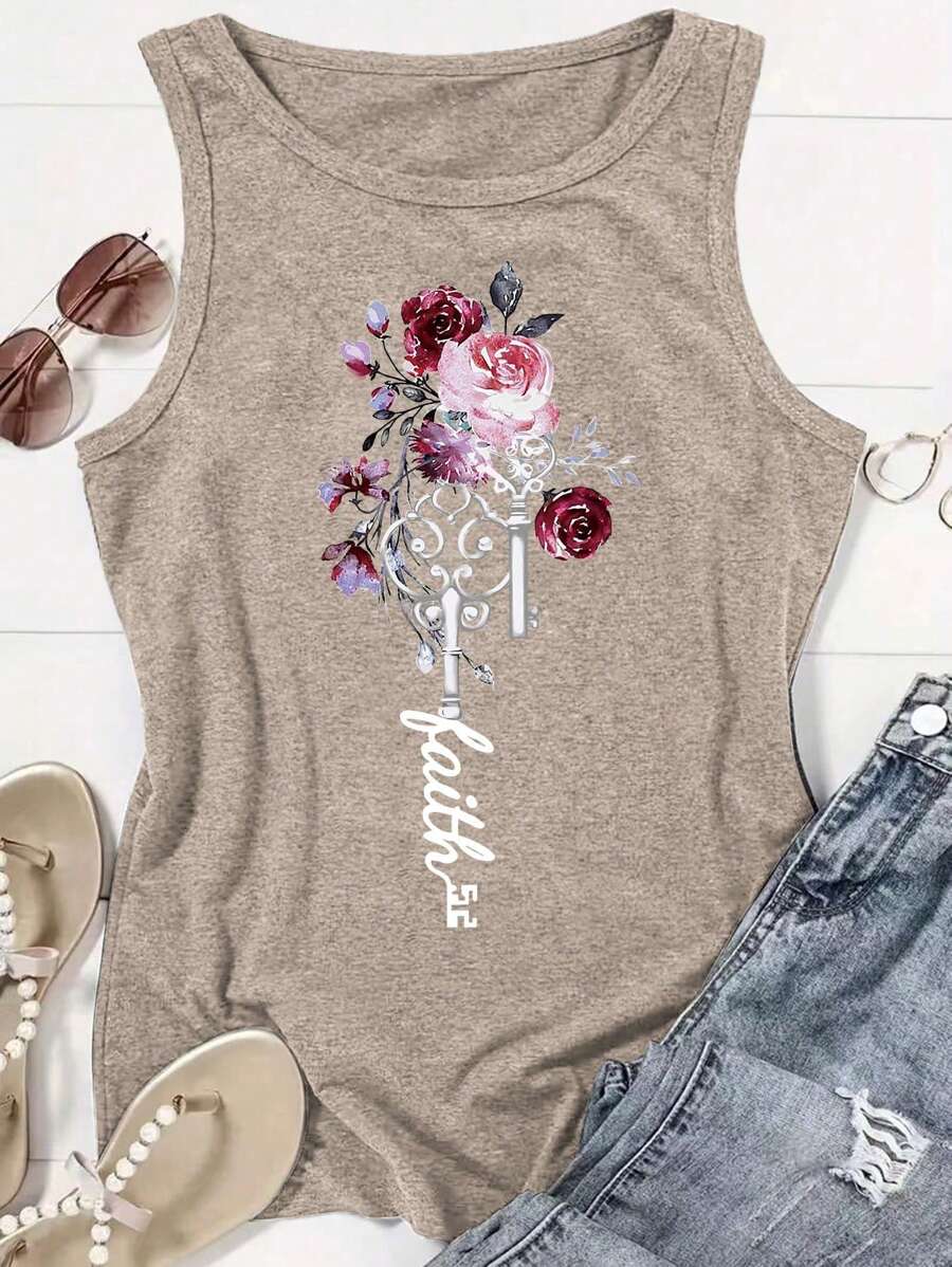 INAWLY 女式花卉和字母印花无袖圆领吊带背心，适合夏季图案 T 恤女式上衣 - 卡其色 - 查看 1