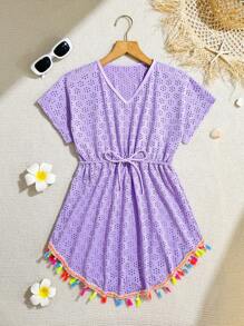 Tween Girl Tassel Decor Drawstring Waist Beach Cover Up Purple Beach Dress Tween Beach Dress Teen Beach Cover Up Kids Swim Cover Up - Purple - View 3