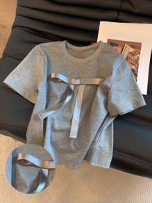 SHEIN Women's Fitted Crewneck Short Sleeve T-Shirt With Bow Ribbon Design
