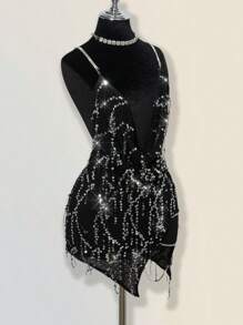 SHEIN ICON Dramatic Plunging Neck Rhinestone Decor Backless Criss-Cross High Slit Mini Dress,Boho Clothes Women - Black - View 5