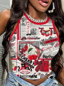 Slaydiva 加大码樱桃卡通印花休闲背心，适合夏季 - 彩色 - 查看 4