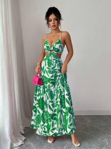 Elenzga Women's Print Waist Fitted Vacation Everyday Commute Spaghetti Strap Midi Dress - Green - View 5