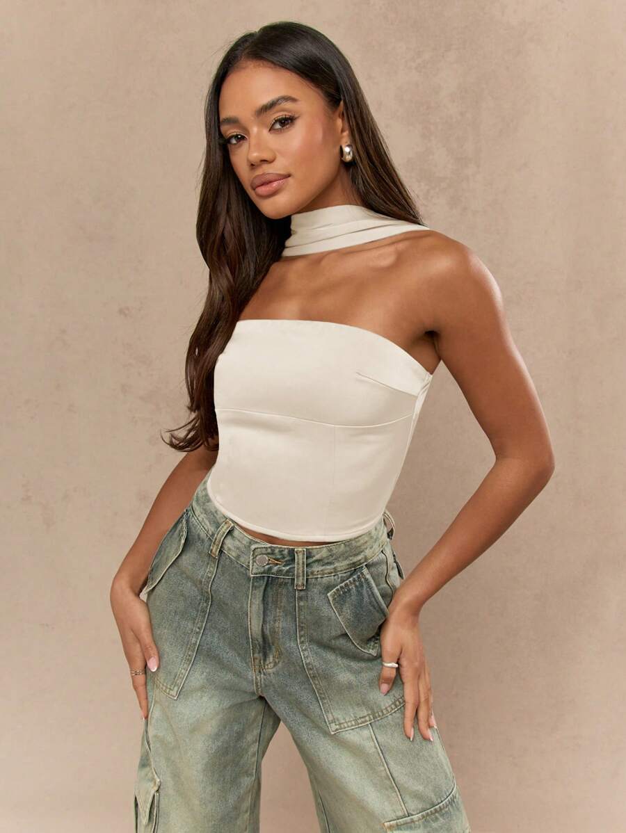 MISSGUIDED Áo Bandeau họa tiết cổ và lưng bằng vải satin - Kem - Xem 1