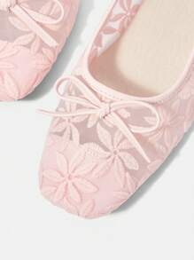 CUCCOO HITCHD Women Shoes Summer New Arrival Bow & Floral Embroidery Lace Square Toe Flats, Elegant Romantic Comfortable Blush Pink Mesh Flats, Suitable For Dress, Wedding, Party, Date, Fashion