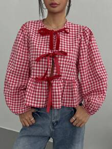 SHEIN EZwear 大码休闲格子前系带长袖褶皱衬衫 - 紅白色 - 查看 1